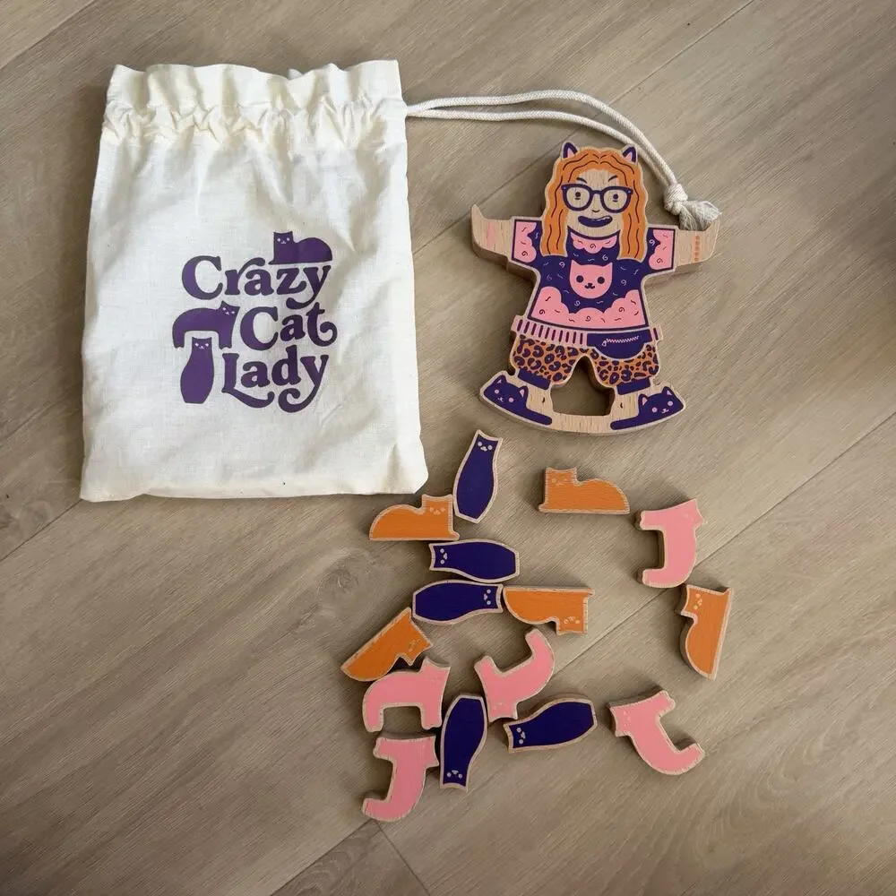 Fred Crazy Cat Lady Wooden Magnetic Dress Up Doll Set w/ Clothes & Storage Bag